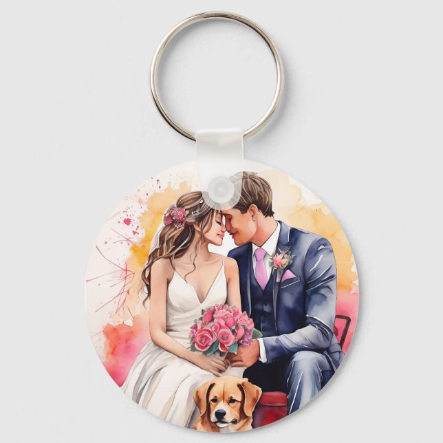 Beautiful Wedding Couple Watercolour Key Ring (Front)