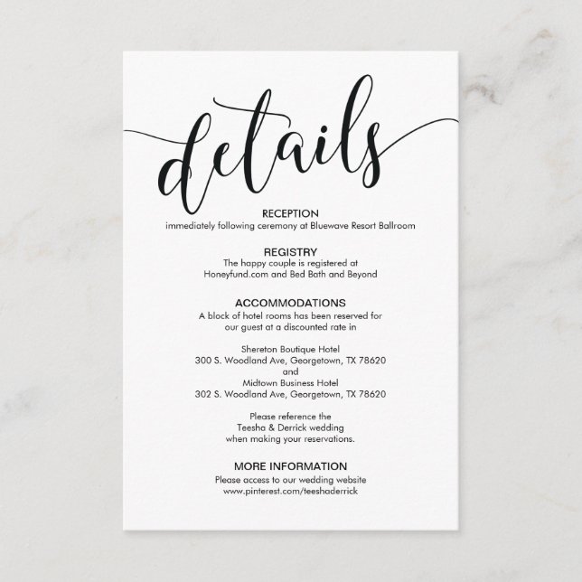 Beautiful Wedding Details Enclosure Card (Front)