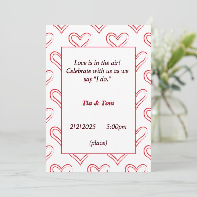 Beautiful wedding invitation with red hearts (Standing Front)