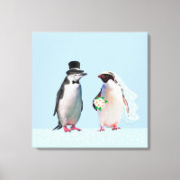 Beautiful Wedding Penguin Couple on Light Blue