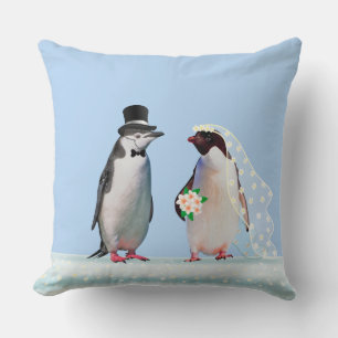 Beautiful Wedding Penguin Couple on Light Blue Cushion