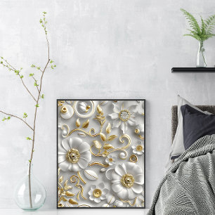 Beautiful White And Gold 3D Floral Poster