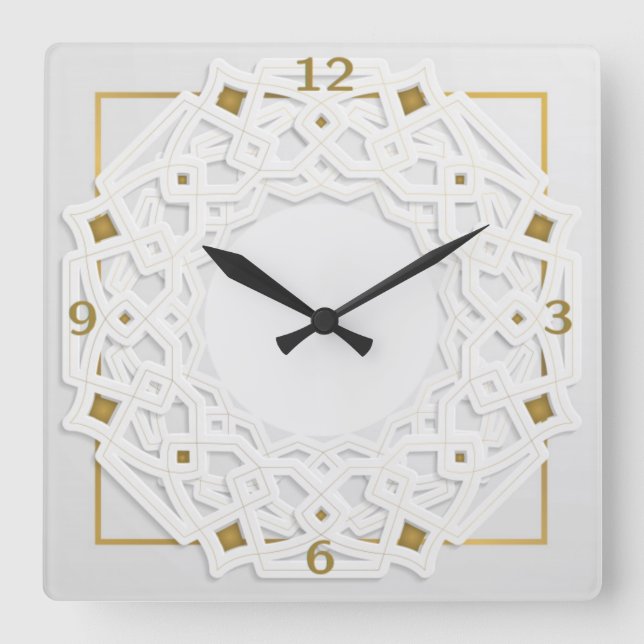 Beautiful white and gold calligraphy square wall clock (Front)