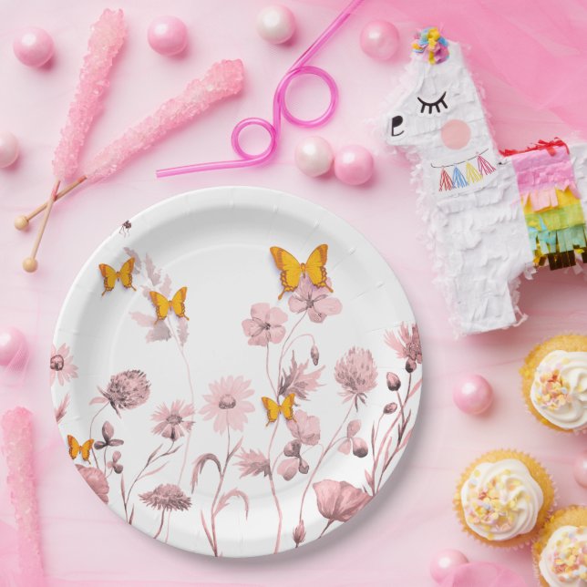 Beautiful white and pink floral and butterfly  paper plate (Party)