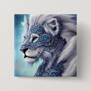 Beautiful White Armoured Warrior Lion 15 Cm Square Badge