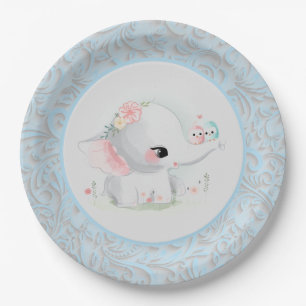 Beautiful White Baby Boy Elephant Paper Plate
