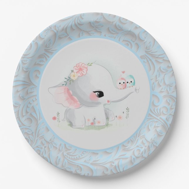 Beautiful White Baby Boy Elephant Paper Plate (Front)