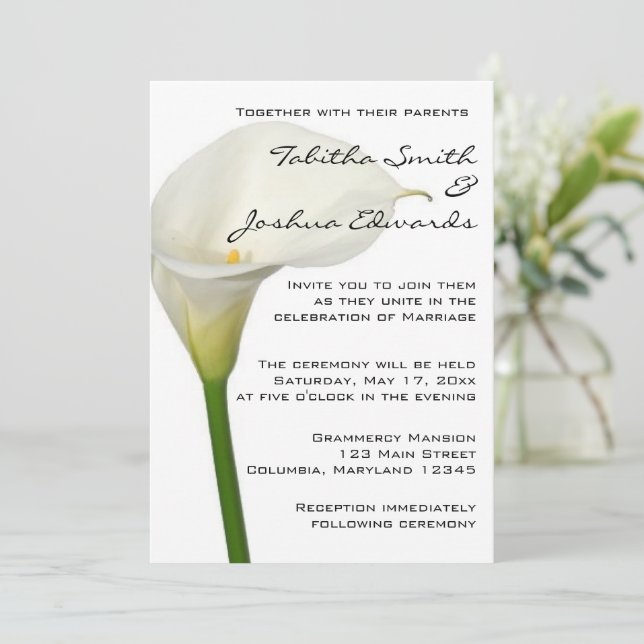 Beautiful White Calla Lily Wedding Invitation (Standing Front)