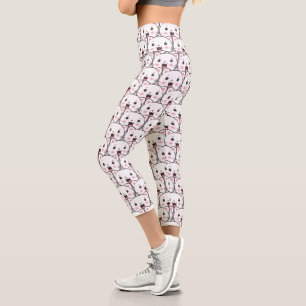 Beautiful White Cat Face Cartoon Pattern Capri Leggings
