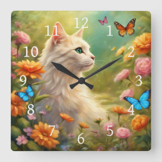 Beautiful White Cat in a garden 713 Square Wall Clock