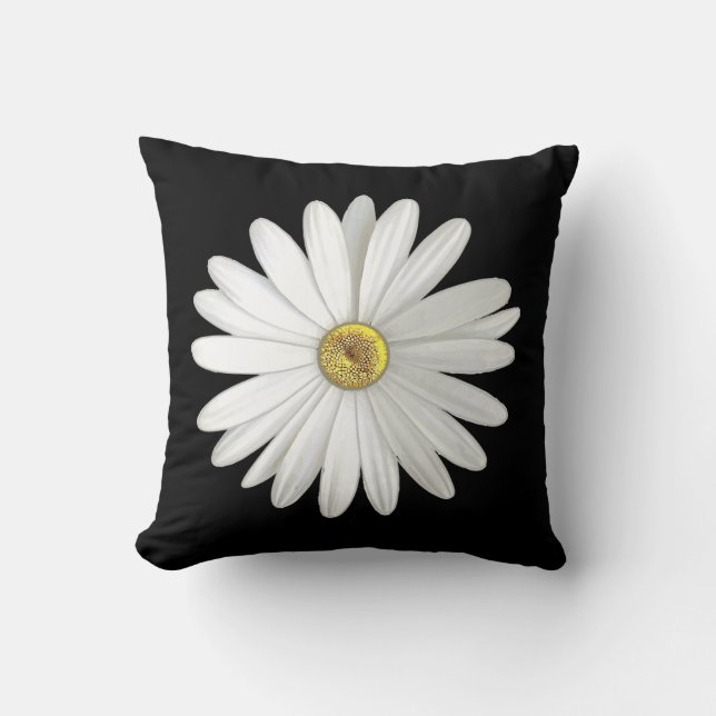 Beautiful White Daisy Flower on Black Throw Pillow (Front)