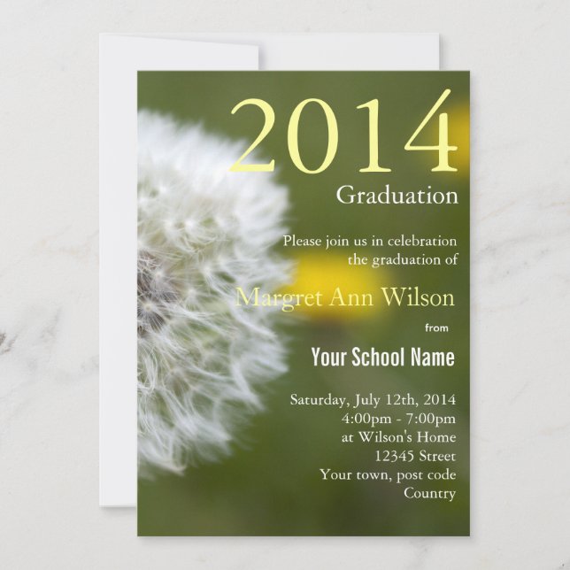 Beautiful white dandelion seed head graduation invitation (Front)