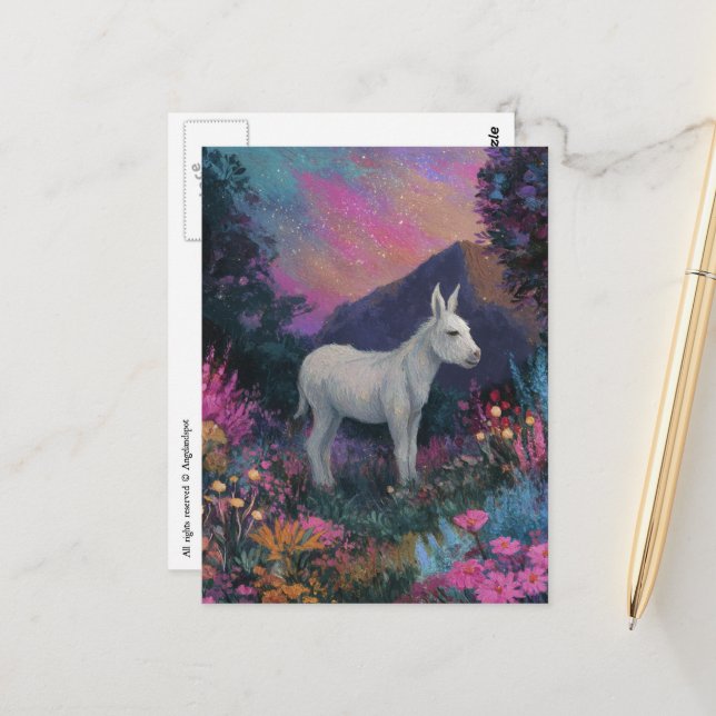 Beautiful White Donkey at Night Postcard (Front/Back In Situ)