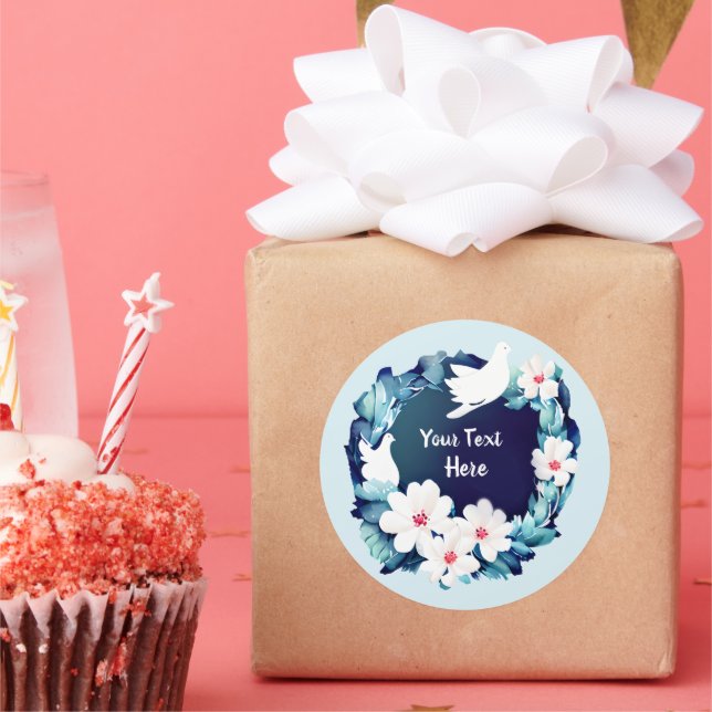 Beautiful White Doves Floral Wreath Classic Round Sticker (Party)