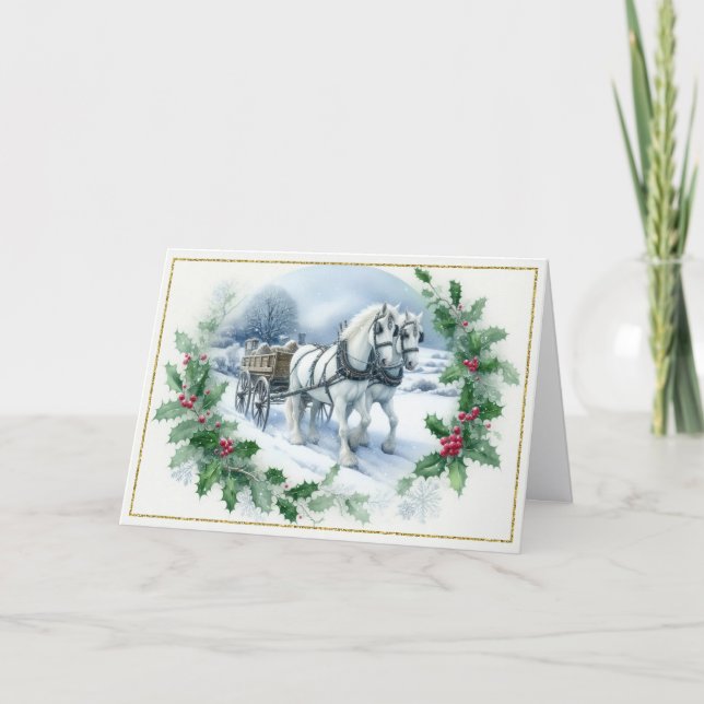 Beautiful White Draught Horses Pulling Wagon Holiday Card (Front)