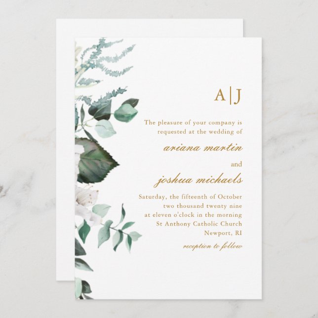 Beautiful White Floral and Greenery Monogram Invit Invitation (Front/Back)
