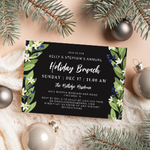 Beautiful White Floral Blue Berries Holiday Brunch Invitation