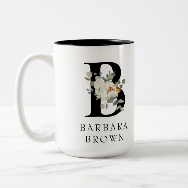 Beautiful White Floral Gold Accents Monogram B  Two-Tone Coffee Mug (Left)