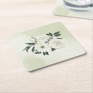 beautiful white floral greenery square paper coaster