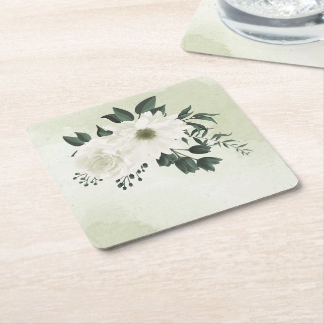 beautiful white floral greenery square paper coaster (Angled)