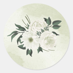 beautiful white floral greenery wedding classic round sticker