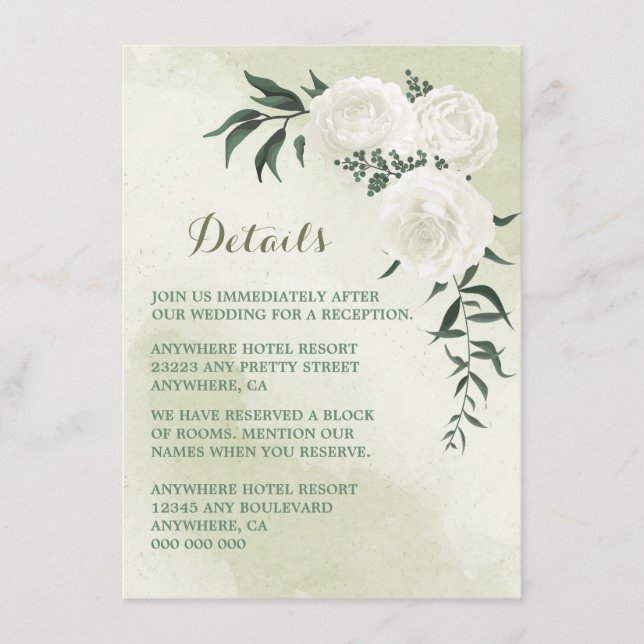 beautiful white floral greenery wedding details enclosure card (Front)