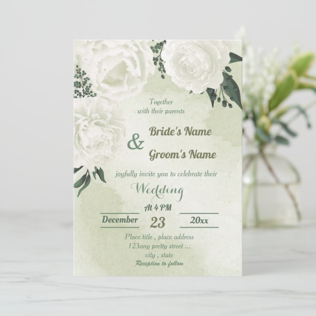 beautiful white floral greenery wedding invitation (Standing Front)