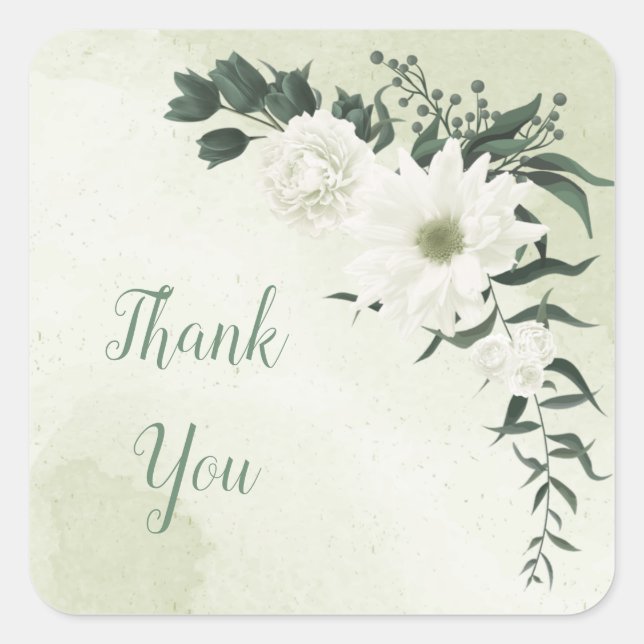 beautiful white floral greenery wedding square sticker (Front)