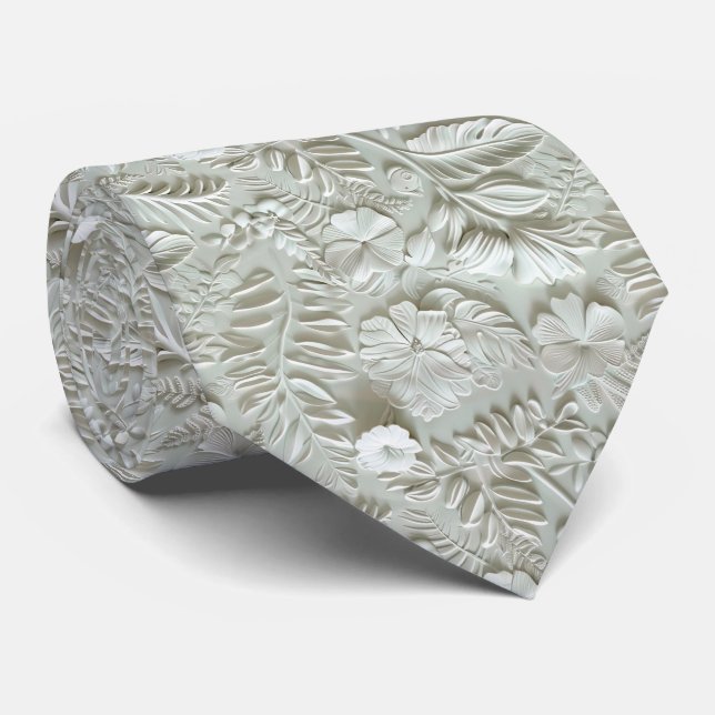 Beautiful White Floral Pattern Faux Leather  Tie (Rolled)
