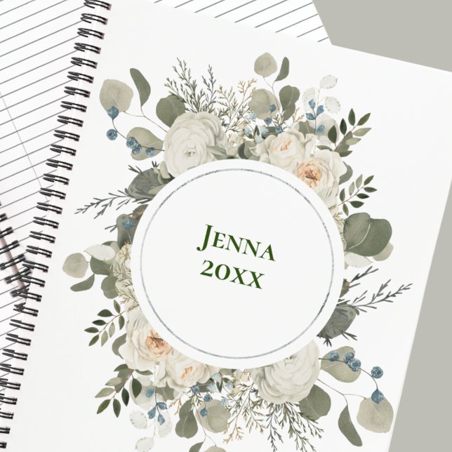 BEAUTIFUL WHITE FLORALFRAME  PERSONALIZED Notebook (Elegant Floral Personal Journal)