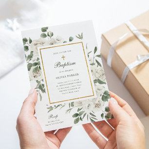Beautiful White Flowers and Gold   Baptism Invitation