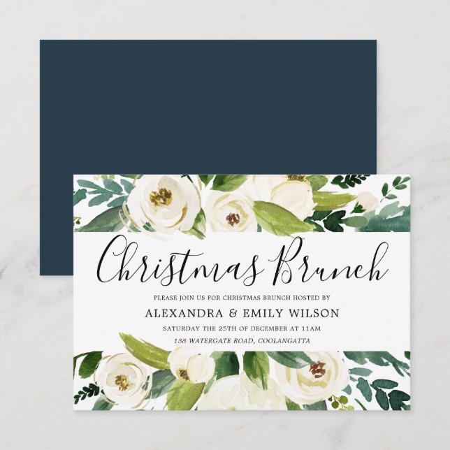 Beautiful White Flowers Christmas Party Brunch Invitation (Front/Back)