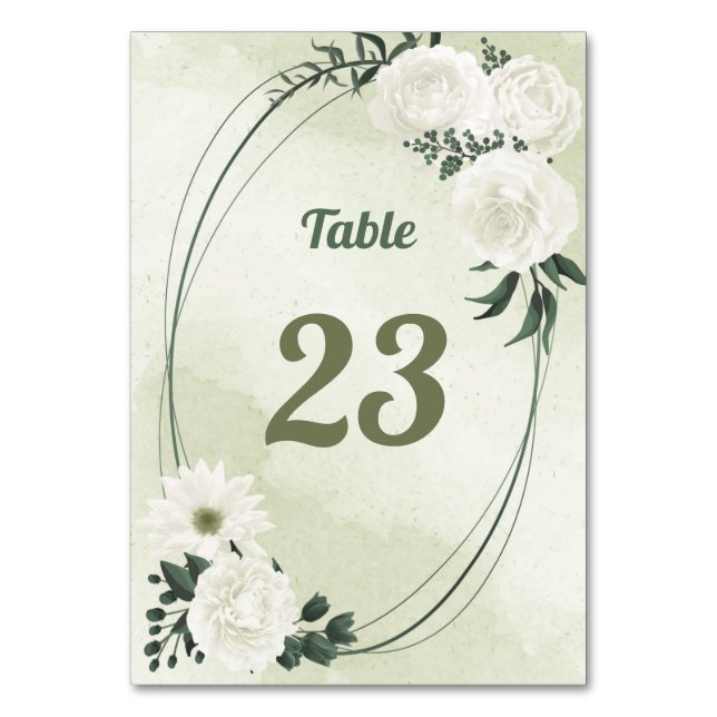 beautiful white flowers green leaves geometric table number (Front)