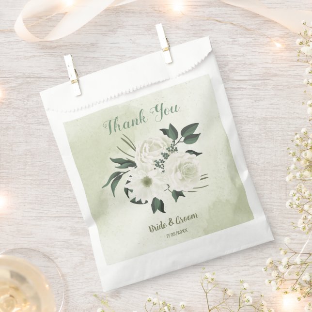Beautiful white flowers green leaves wedding favour bags (Clipped)