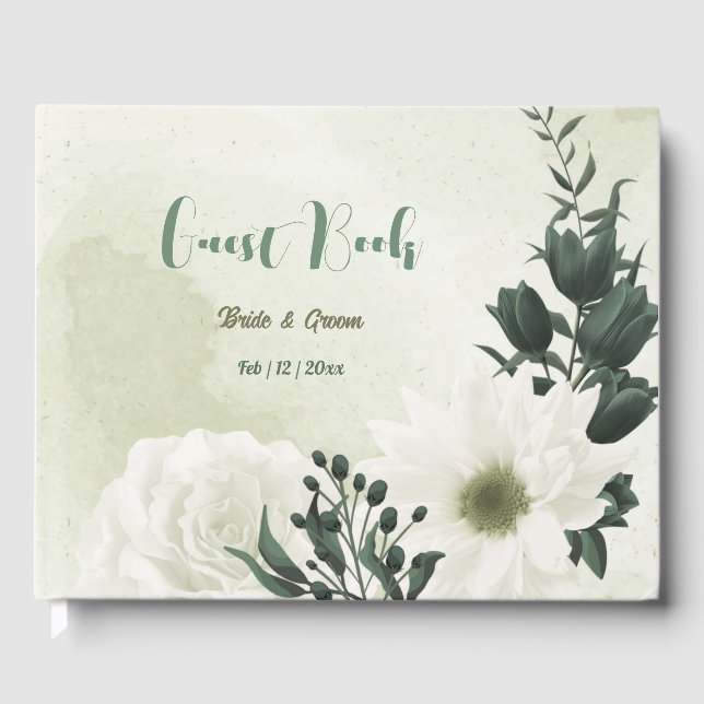 Beautiful white flowers green leaves wedding guest book (Front)