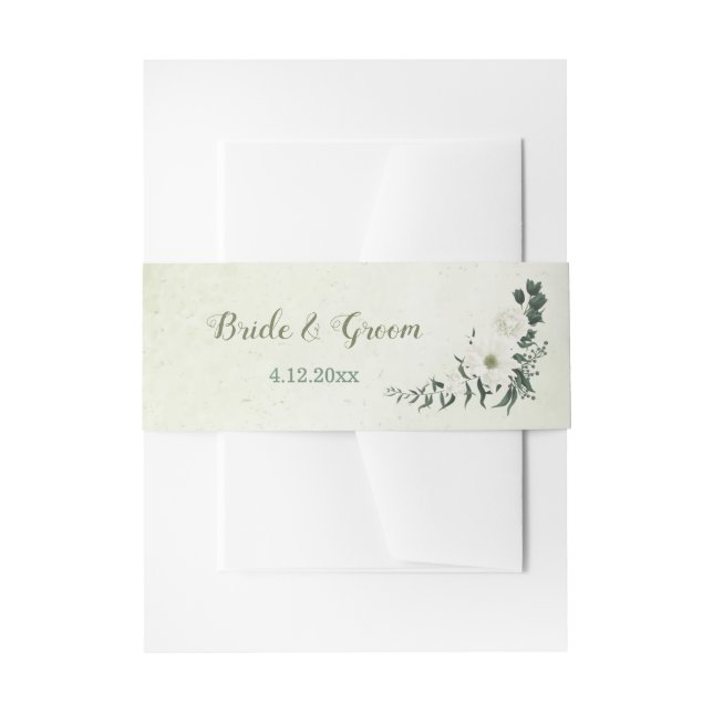 Beautiful white flowers green leaves wedding invitation belly band (Front Example)