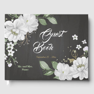 beautiful white flowers greenery black guest book
