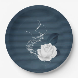 Beautiful white flowers & navy leaves paper plate