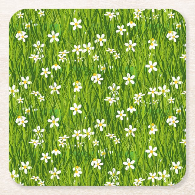 Beautiful White Flowers on Green Leaves Square Paper Coaster (Front)