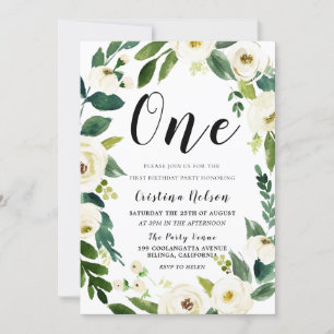Beautiful White Flowers Photo Back 1st Birthday Invitation