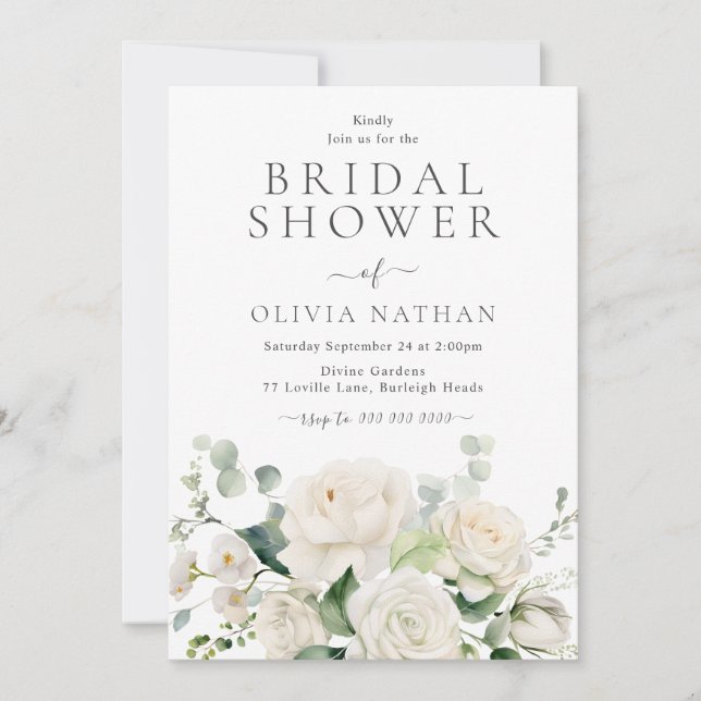 Beautiful White Flowers & Sage Bridal Shower Invitation (Front)