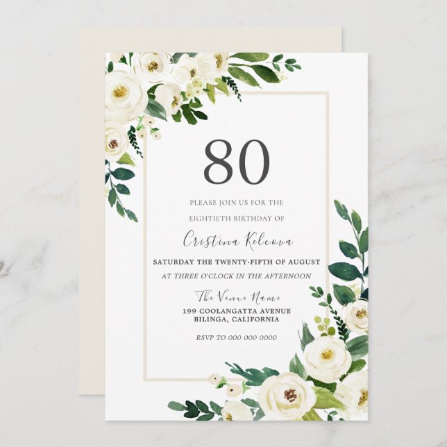 Beautiful White Flowers With Frame 80th Birthday Invitation (Front/Back)