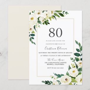Beautiful White Flowers With Frame 80th Birthday Invitation
