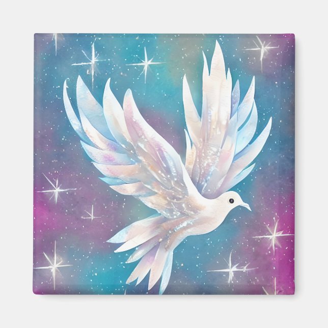 Beautiful White Glitter Peace Dove Magnet (Front)