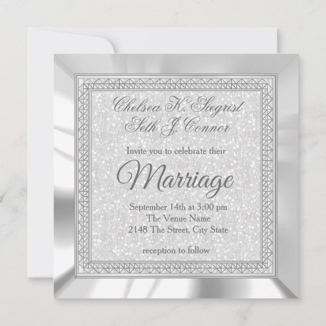 Beautiful White Glitter, Satin and Silver Wedding  Invitation (Back)