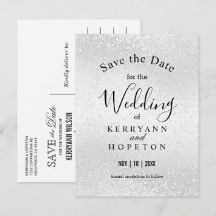 Beautiful White Glitter- Save The Date  Announcement Postcard