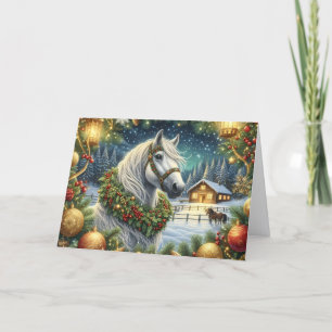 Beautiful White Horse and Christmas Wreath Holiday Card
