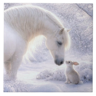 Beautiful White Horse and Rabbit in the Snow Tile
