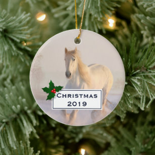 Beautiful White Horse Galloping in the Snow Ceramic Tree Decoration