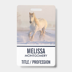 Beautiful White Horse Galloping in the Snow ID Badge